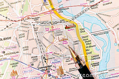 Delhi city map - pen points at Jama Masjid mosque Editorial Stock Photo