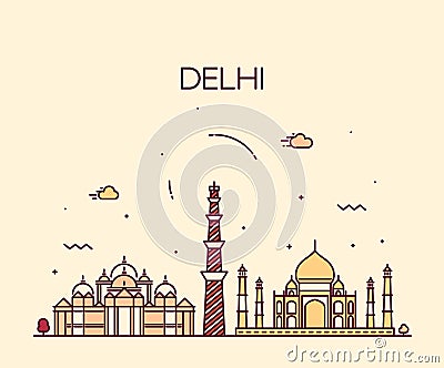 Delhi City skyline Trendy illustration line art Vector Illustration