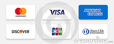 Delhi, INDIA - February 27, 2021: popular credit card companies logos including mastercard visa american express and more Vector Illustration