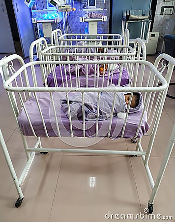 Delhi, India- 06 July 2020: Specially equipped room with newborn babies sleeping in incubators at Safdarjung hospital in New Delhi Editorial Stock Photo