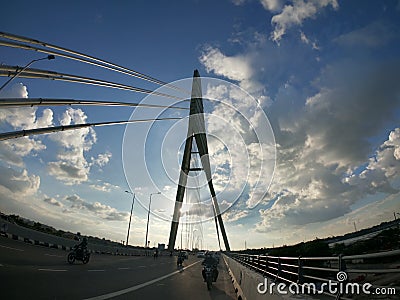 Delhi - India- June-2022 - Signature Bridge is a cantilever spar cable-stayed bridge which spans the Yamuna river at Wazirabad Editorial Stock Photo