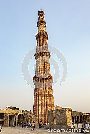 people visit Qutb Minar, Delhi, the worlds tallest brick built minaret at 72m Editorial Stock Photo