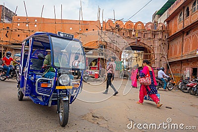 DELHI, INDIA - SEPTEMBER 19, 2017: Autorickshaw blue in the street, paharganj. there are many tourist stay in this area Editorial Stock Photo