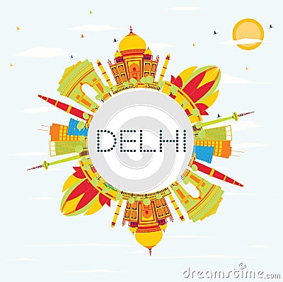 Delhi Skyline with Color Buildings, Blue Sky and Copy Space. Stock Photo