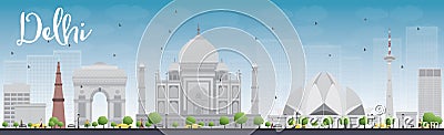 Delhi skyline with grey landmarks and blue sky Cartoon Illustration