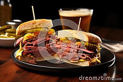 deli sandwich with roast beef, mustard, and pickles Stock Photo