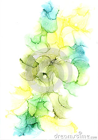 Delicate abstract hand drawn watercolor or alcohol ink background in different tones of green and yellow. Cartoon Illustration