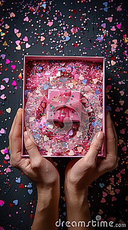 Delicate Affection Gentle Hands Embrace a Pink Box Filled with Heart-Shaped Confetti Stock Photo