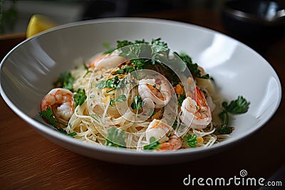 delicate angel hair pasta, tossed with shrimps and fresh herbs Stock Photo