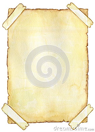 Delicate antique piece of parchment with adhesive strips, watercolor isolated on a white background Cartoon Illustration
