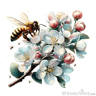 Delicate apple tree blossom in spring, a bee collects pollen, close-up. Generative AI. Stock Photo