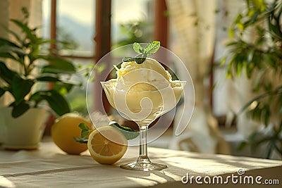 A lemon sorbet in a glass bowl. Generative AI Stock Photo