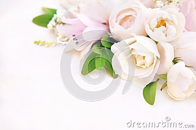 Delicate blossoming roses and blooming flowers festive background, pastel and soft bouquet floral card Stock Photo