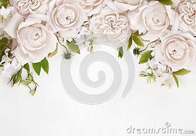 Delicate blossoming white rose flowers frame, blooming pastel festive background, soft bouquet floral card Stock Photo