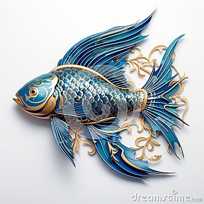 Delicate Blue 3d Printed Fish With Golden Ornament - Pencil Art Illustration Stock Photo