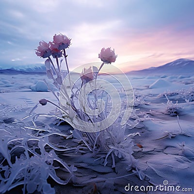 Delicate blue flowers. A sunset in the back. Flowering flowers, a symbol of spring, new life Stock Photo