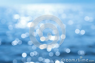 Delicate blue texture bokeh sea background. blurry blue bokeh glare on the water on a sunny day. rest and travel Stock Photo