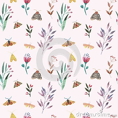 Delicate botanical watercolor pattern with butterflies. Stock Photo
