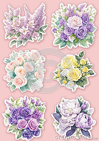 delicate bouquets sticker set Stock Photo