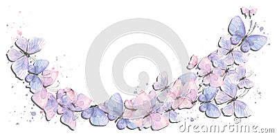 Delicate butterflies are pink, purple, blue, flying in the stream. Watercolor illustration with splashes of paint. For Cartoon Illustration