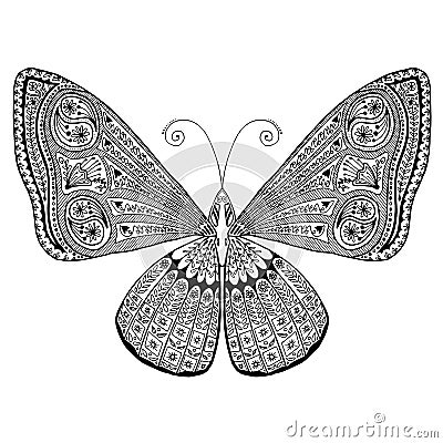 Delicate butterfly with intricate tangled wing design. Hand drawn, suitable for print and coloring. Vector Illustration