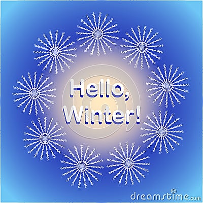 Delicate card with the title hello winter for congratulations to relatives and friends Vector Illustration