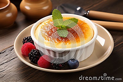 Delicate dessert Crème Brulee with berries Stock Photo