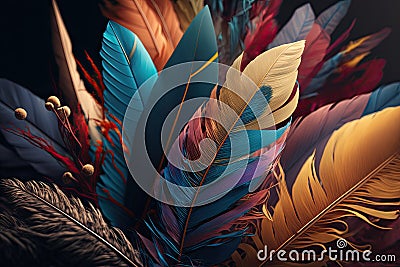 Delicate and detailed bouquet of feathers. Soft abstract colorful. Unique decoration quills and plumes. Stock Photo