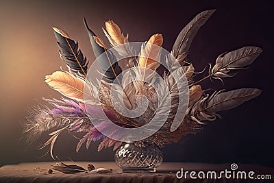 Delicate and detailed bouquet of feathers. Soft abstract romantic pastels. Unique decoration quills and plumes in a glass vase. Stock Photo