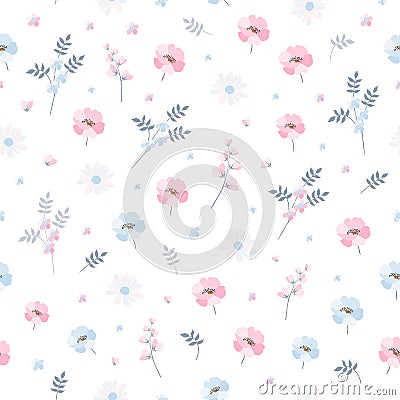 Delicate ditsy floral pattern. Seamless vector design with light blue and pink flowers on white background. Vector Illustration