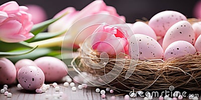 Delicate Easter Composition with Pink Tulips and Speckled Eggs Nestled on a Bed of Straw Evoking a Soft Spring Sentiment Stock Photo