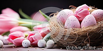 Delicate Easter Composition with Pink Tulips and Speckled Eggs Nestled on a Bed of Straw Evoking a Soft Spring Sentiment Stock Photo