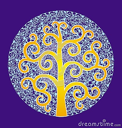 Delicate elegant light blue mandala on a blue background and the Klimt tree. Vector Illustration