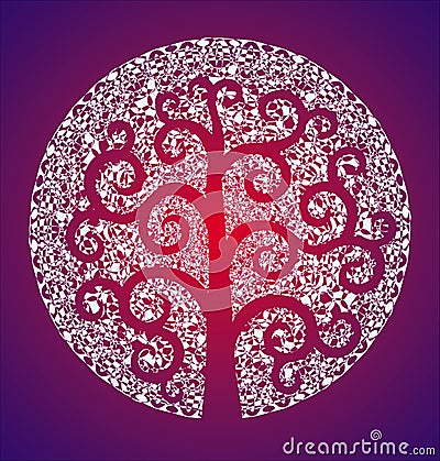 Delicate elegant white mandala on a red and purple background and the Klimt tree. Vector Illustration