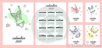 Delicate feminine design. Lingerie. Calendar 2020, Five cover designs. Days of the week and month of the year. Pink color Stock Photo