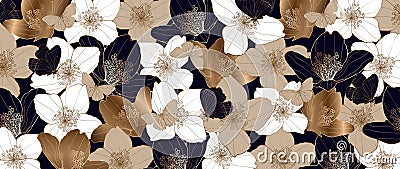 Delicate feminine floral background with gold, white and dark blue flowers and butterflies. Vector Illustration