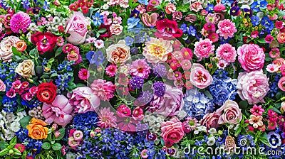 Delicate flat lay floral arrangement with ample text space, creative design with assorted flowers Stock Photo