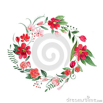 Delicate floral coronet made of pink and red flowers and leaves hand-drawn with watercolor Stock Photo