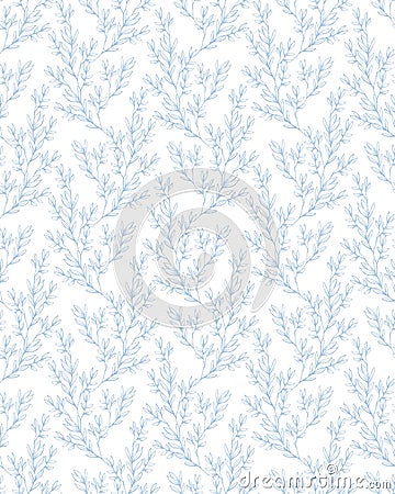 Delicate Floral Repeatable Vector Pattern. Blue Twigs and Leaves. Vector Illustration