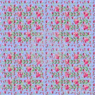 Delicate floral seamless pattern of violets and roses on light blue background Stock Photo