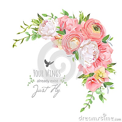 Delicate floral vector frame with bright ranunculus, peony, rose, carnation, green plants on white Vector Illustration