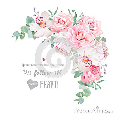 Delicate floral vector frame with peony, camellia, rose, orchid, carnation, mint eucaliptus on white Vector Illustration