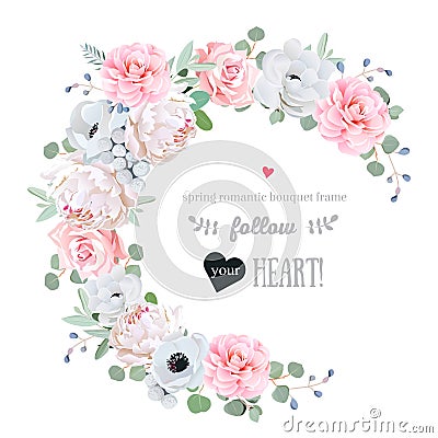 Delicate floral vector round frame with flowers on white Vector Illustration