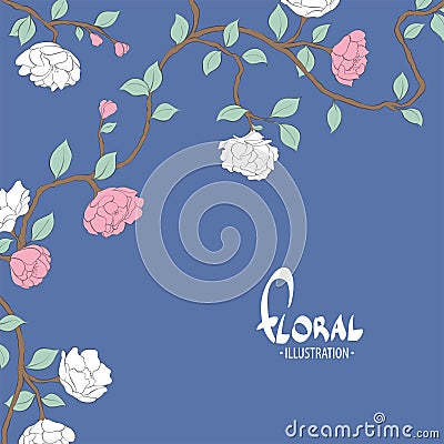 Delicate flowers on a blue white background Vector Illustration