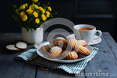 Delicate French pastries, madeleines, beautifully presented on kitchen table Stock Photo