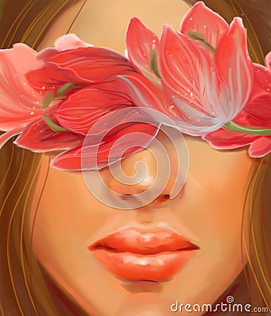 Delicate girl with dark hair and flowers tulips in the style of oil painting Stock Photo