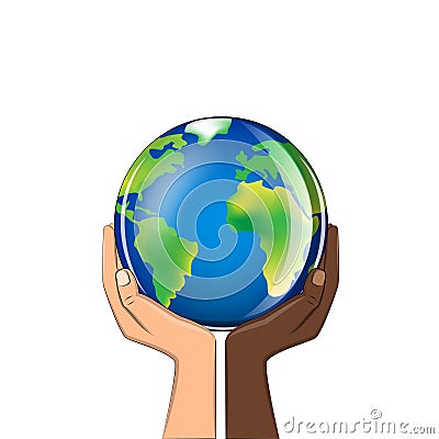 Delicate glass planet in the hands of people of different races isolated on a white background square vector illustration Vector Illustration