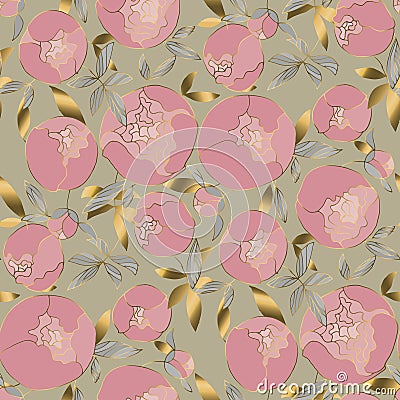 Delicate gold and rosy peonies blossom seamless pattern. Spring peon floral blumming rapport in vintage 60s style. Vector Illustration