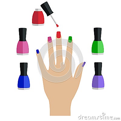 Delicate hand with colorful elements and nail lacquer bottles, white background Vector Illustration