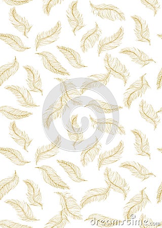 Delicate Hand Drawn Flying Feather Vector Pattern. Golden Feathers on a White Background. Vector Illustration